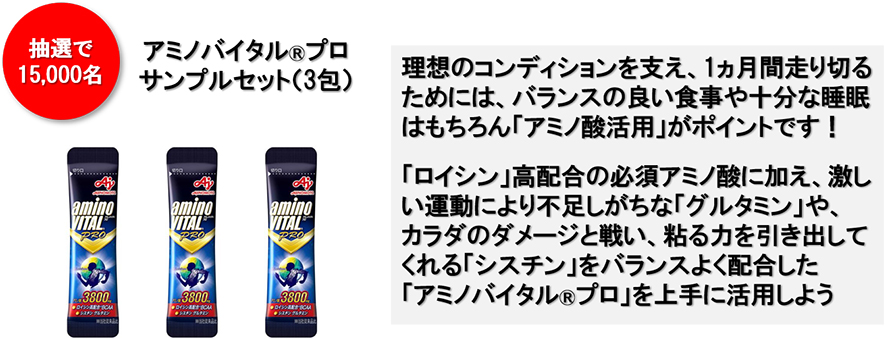 理想の良いコンディションを支え、1か月間走りきるために、アミノ酸を高配合した「アミノバイタル®プロ」を上手に活用しよう